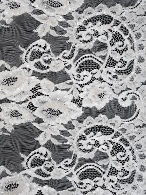 Chantilly Lace with Beads, Sequins and Finished Edges – Off White Roses and Swirls Chantilly Lace with Beads, Sequins and Finished Edges – Off White Roses and Swirls