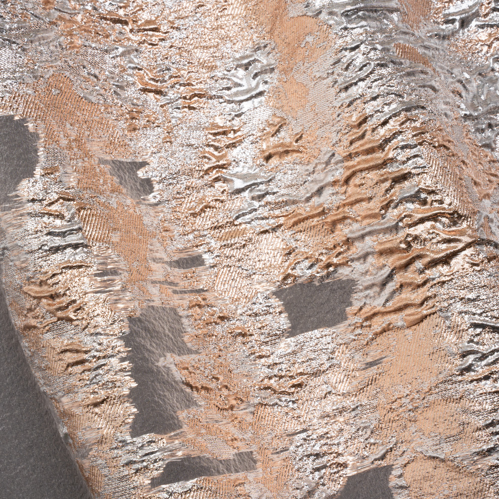 Metallic Burnout Luxury Brocade – Peach and Silver Abstract Crinkled Borders Metallic Burnout Luxury Brocade – Peach and Silver Abstract Crinkled Borders