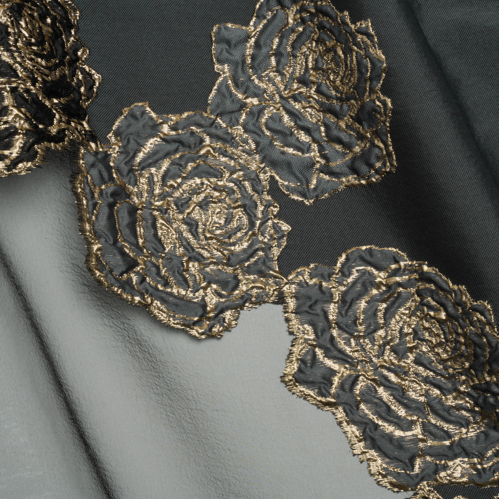 Metallic Burnout Luxury Brocade – Charcoal, Black and Gold Rose Border Metallic Burnout Luxury Brocade – Charcoal, Black and Gold Rose Border