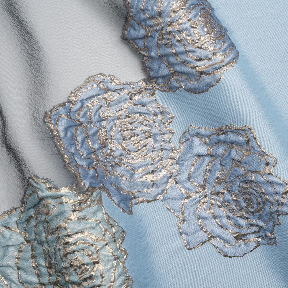 Metallic Burnout Luxury Brocade – Sky Blue and Gold Rose Border Metallic Burnout Luxury Brocade – Sky Blue and Gold Rose Border