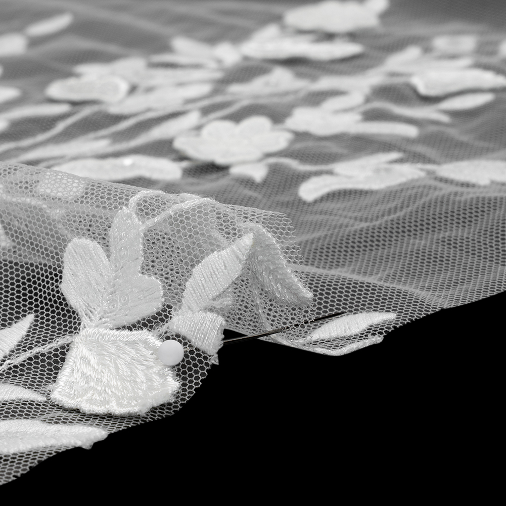 Embroidered 3D Lace with Clear Baby Sequins - White Floral Vines