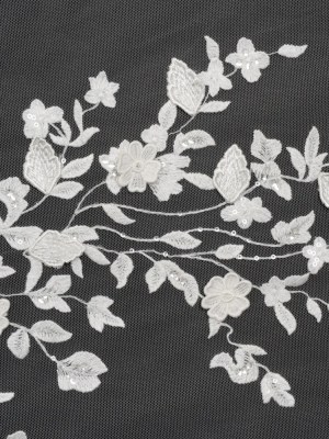 Embroidered 3D Lace with Clear Baby Sequins – White Floral Vines Embroidered 3D Lace with Clear Baby Sequins – White Floral Vines