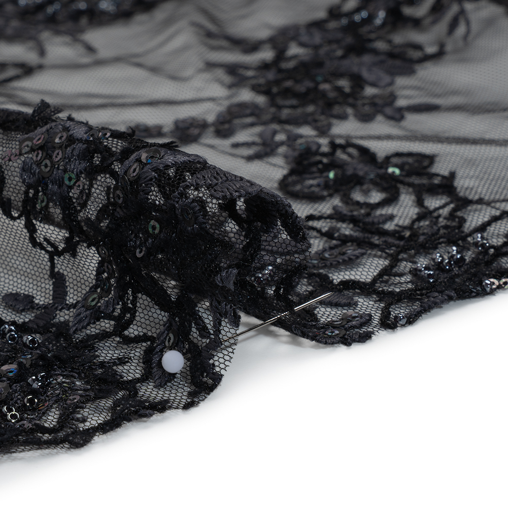 Embroidered and Beaded Lace with Holographic Sequins - Black and Gray Rose Garden