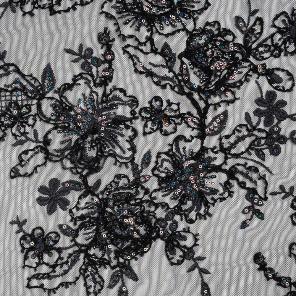 Embroidered and Beaded Lace with Holographic Sequins – Black and Gray Rose Garden Embroidered and Beaded Lace with Holographic Sequins – Black and Gray Rose Garden