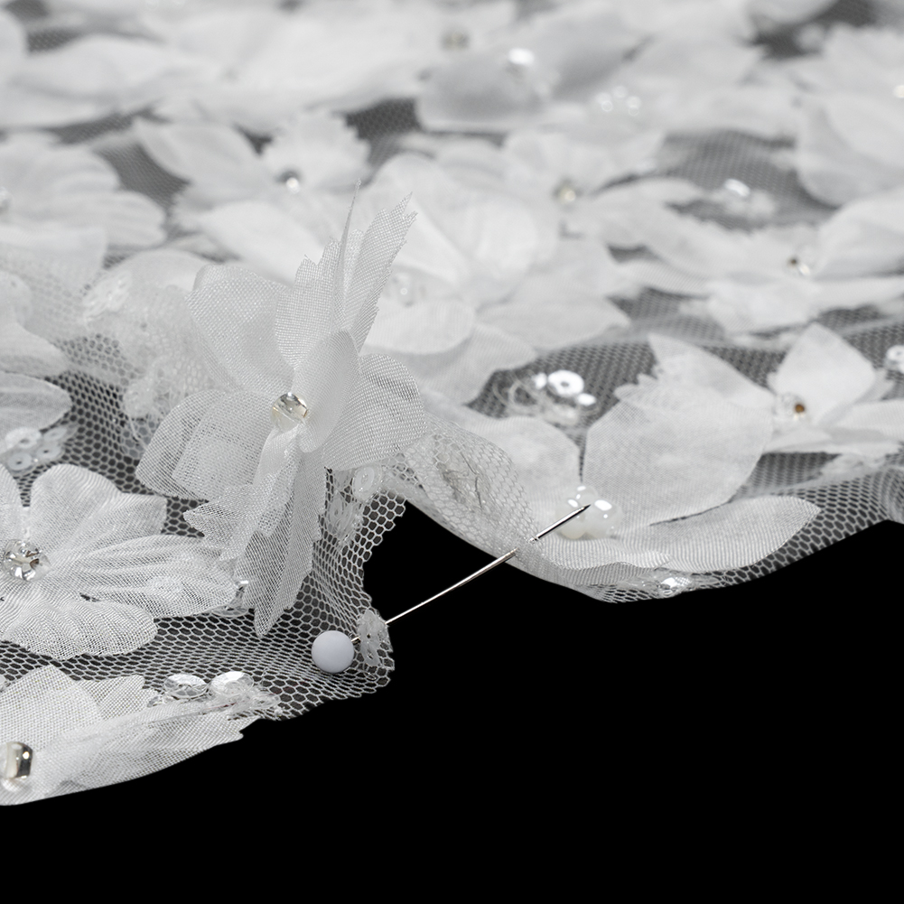 Beaded and Sequined Lace with 3D Fabric Flowers - White Floral with Clear Beads