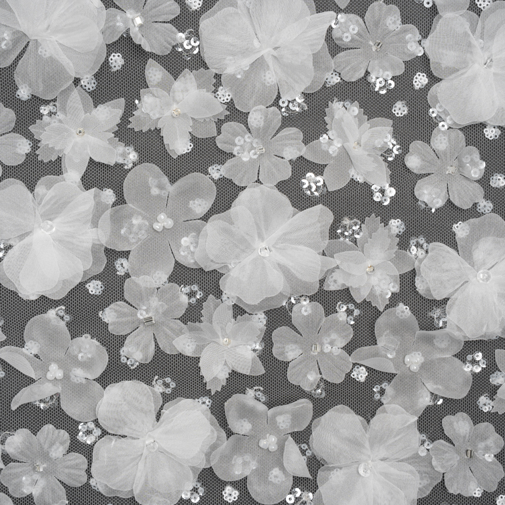 Beaded and Sequined Lace with 3D Fabric Flowers – White Floral with Clear Beads Beaded and Sequined Lace with 3D Fabric Flowers – White Floral with Clear Beads
