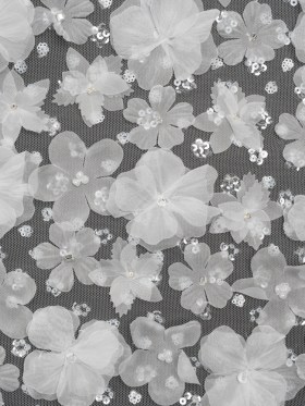 Beaded and Sequined Lace with 3D Fabric Flowers – White Floral with Clear Beads Beaded and Sequined Lace with 3D Fabric Flowers – White Floral with Clear Beads