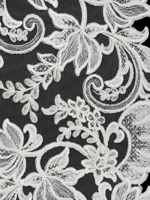 Embroidered Corded Lace with Finished Edges – Ivory Floral Scrolls Embroidered Corded Lace with Finished Edges – Ivory Floral Scrolls