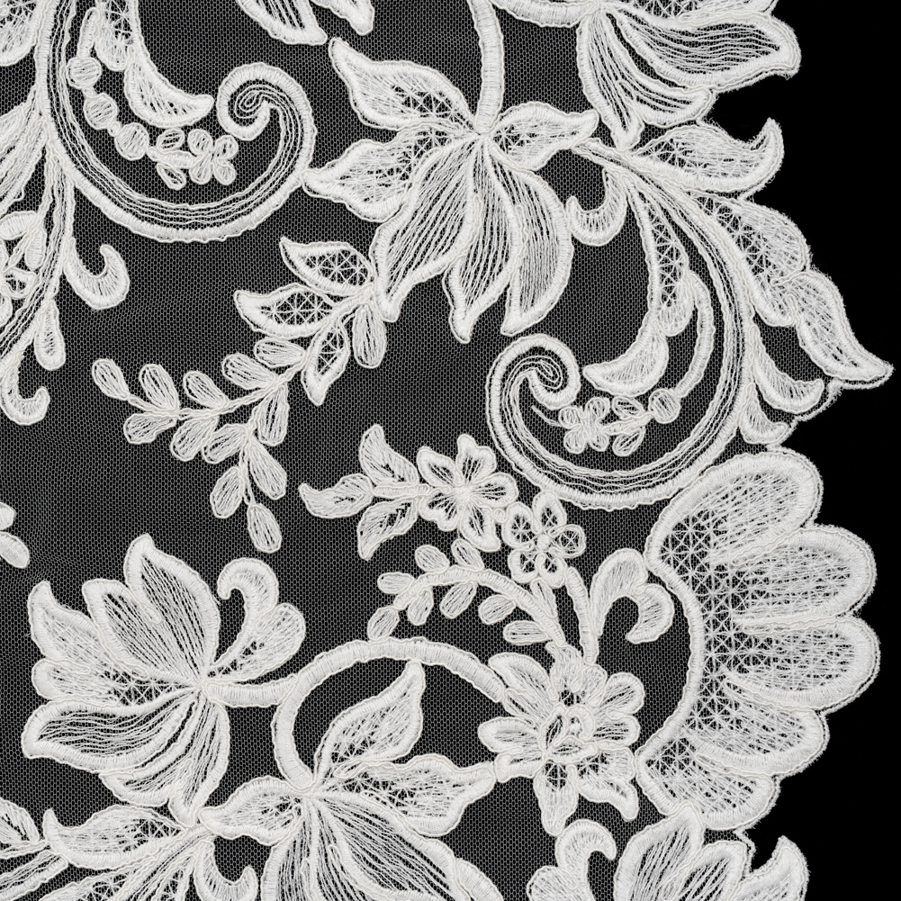Embroidered Corded Lace with Finished Edges – Ivory Floral Scrolls Embroidered Corded Lace with Finished Edges – Ivory Floral Scrolls