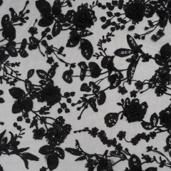 Embroidered 3D Lace with Beads and Sequins – Black Rose Bushes Embroidered 3D Lace with Beads and Sequins – Black Rose Bushes