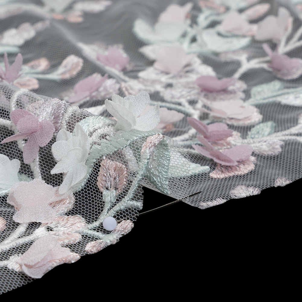 Embroidered Lace with 3D Fabric Flowers - Pastel Purple, Baby Pink and Mint Green Growing Flowers