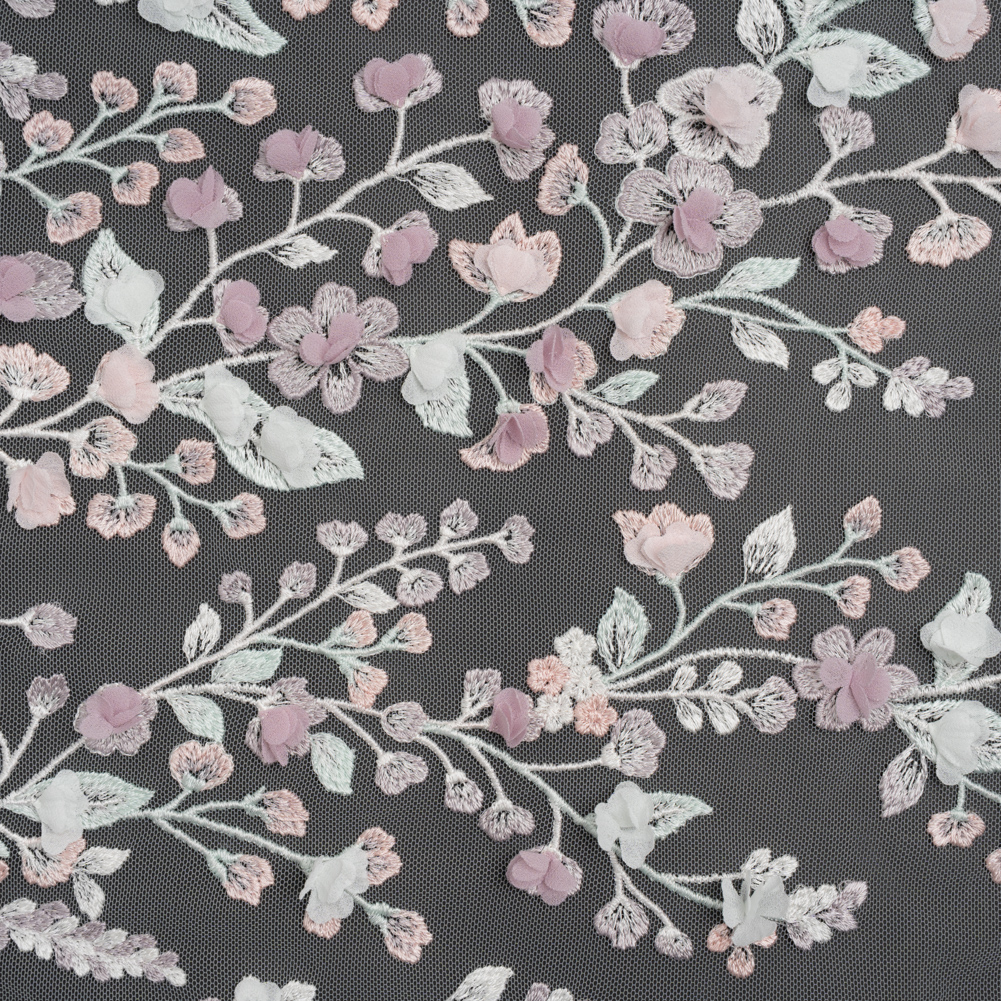 Embroidered Lace with 3D Fabric Flowers – Pastel Purple, Baby Pink and Mint Green Growing Flowers Embroidered Lace with 3D Fabric Flowers – Pastel Purple, Baby Pink and Mint Green Growing Flowers