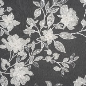 Embroidered 3D Lace with Beads and Sequins – White Blooming Stems Embroidered 3D Lace with Beads and Sequins – White Blooming Stems