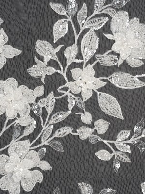 Embroidered 3D Lace with Beads and Sequins – White Blooming Stems Embroidered 3D Lace with Beads and Sequins – White Blooming Stems