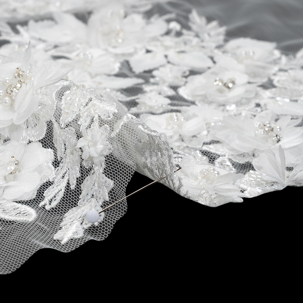 Beaded Embroidered Lace with 3D Fabric Flowers - White Flower Bunches with Pearls