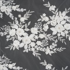 Beaded Embroidered Lace with 3D Fabric Flowers – White Flower Bunches with Pearls Beaded Embroidered Lace with 3D Fabric Flowers – White Flower Bunches with Pearls