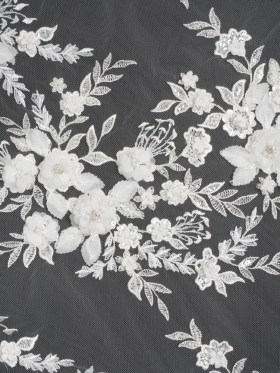 Beaded Embroidered Lace with 3D Fabric Flowers – White Flower Bunches with Pearls Beaded Embroidered Lace with 3D Fabric Flowers – White Flower Bunches with Pearls