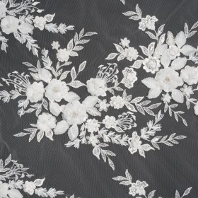 Beaded Embroidered Lace with 3D Fabric Flowers – White Flower Bunches with Pearls Beaded Embroidered Lace with 3D Fabric Flowers – White Flower Bunches with Pearls