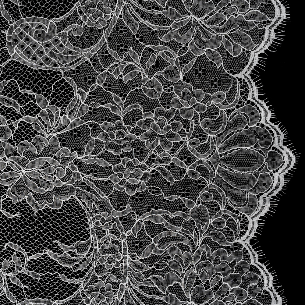 Delicate Chantilly Lace with Finished Edges – White Floral and Swirls Delicate Chantilly Lace with Finished Edges – White Floral and Swirls