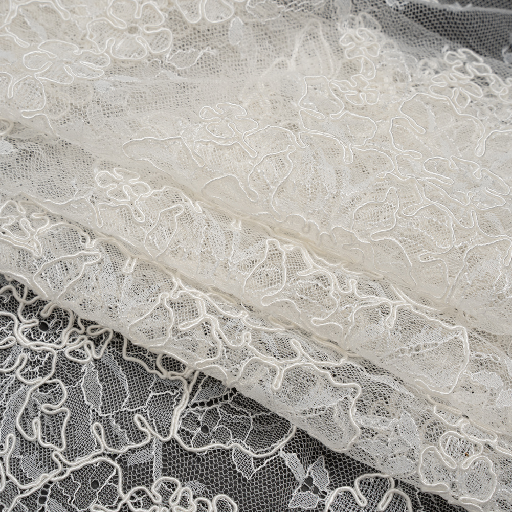 Corded Chantilly Lace with Scalloped Eyelash Edges - 12" - Ivory and White Floral Rings