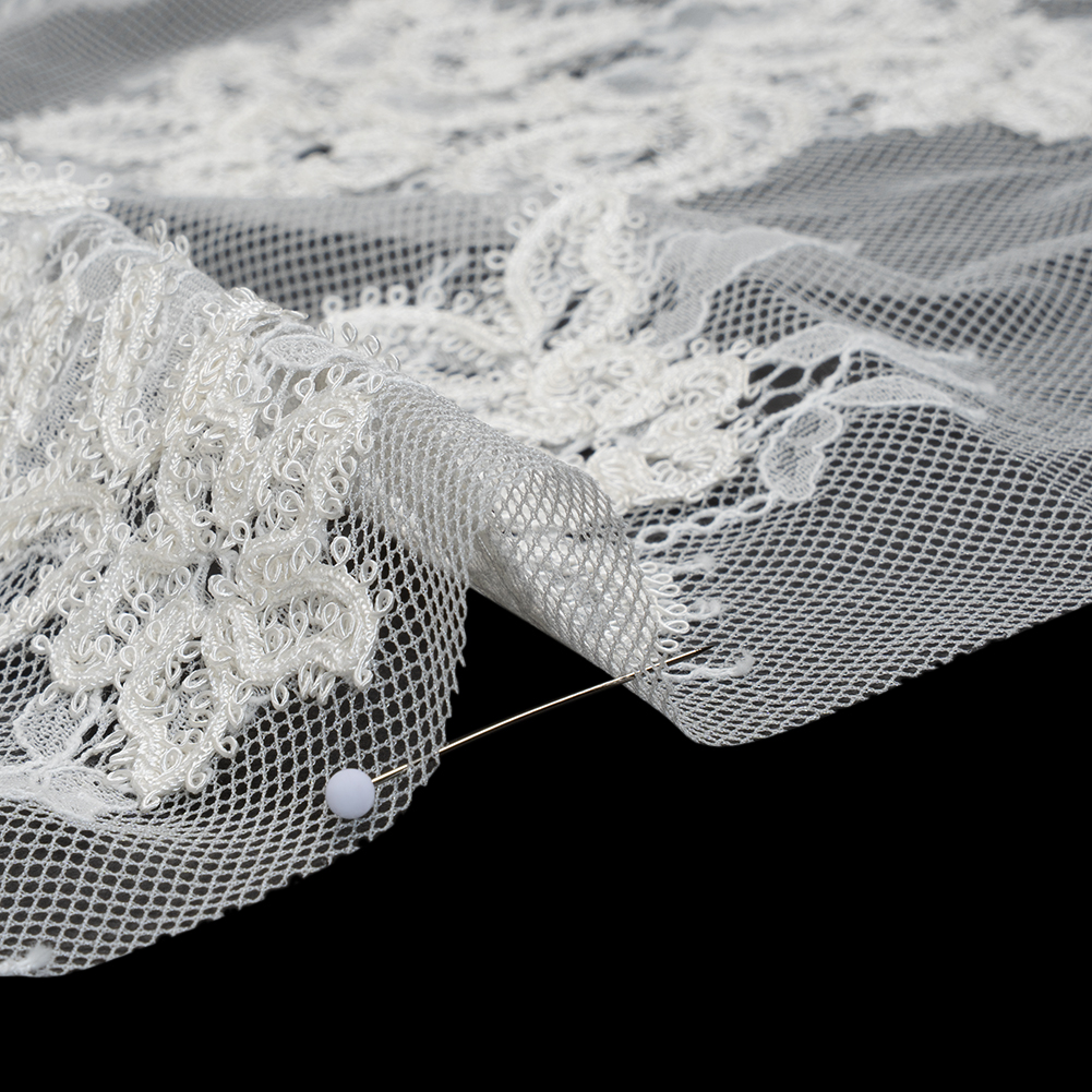 Picot Braid Embroidered Chantilly Lace with Finished Edges - White and Ivory Floral Swirls