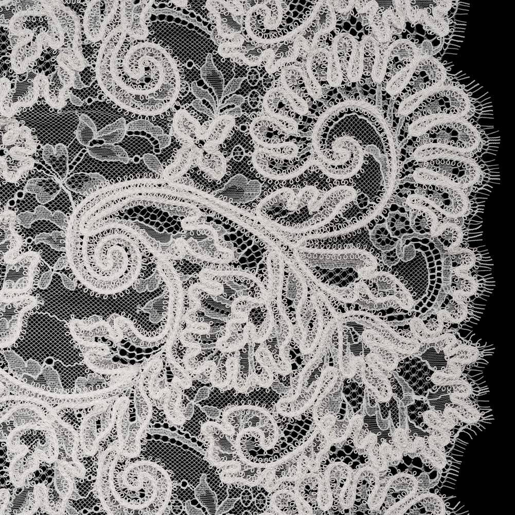 Picot Braid Embroidered Chantilly Lace with Finished Edges – White and Ivory Floral Swirls Picot Braid Embroidered Chantilly Lace with Finished Edges – White and Ivory Floral Swirls