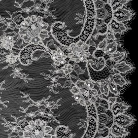 Beaded Chantilly Lace with Finished Edges – White Floral Beaded Chantilly Lace with Finished Edges – White Floral