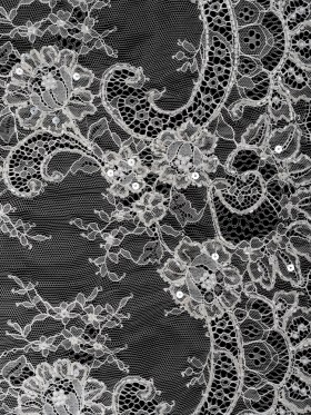 Beaded Chantilly Lace with Finished Edges – White Floral Beaded Chantilly Lace with Finished Edges – White Floral