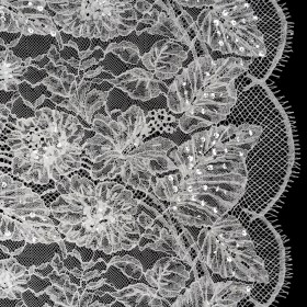 Beaded and Sequins Chantilly Lace with Finished Edges – White Flowers and Leaves Beaded and Sequins Chantilly Lace with Finished Edges – White Flowers and Leaves