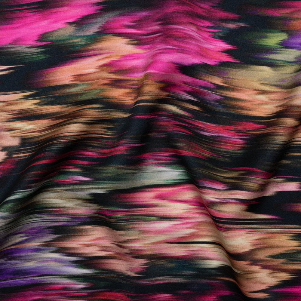 Silk Charmeuse Print – Black, Pink and Green Abstract Ikat Silk Charmeuse Print – Black, Pink and Green Abstract Ikat