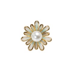 Enameled Metal and Pearl Shank Back Button – 30L/19mm – Green, Pearl White, and Gold Flower Enameled Metal and Pearl Shank Back Button – 30L/19mm – Green, Pearl White, and Gold Flower