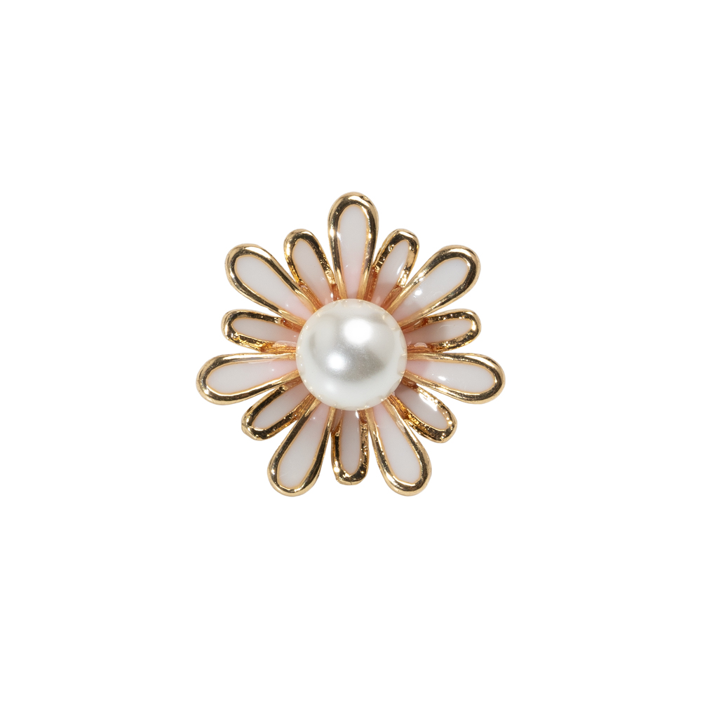Enameled Metal and Pearl Shank Back Button – 30L/19mm – Pink, Pearl White, and Gold Flower Enameled Metal and Pearl Shank Back Button – 30L/19mm – Pink, Pearl White, and Gold Flower