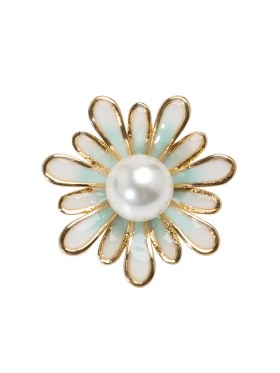 Enameled Metal and Pearl Shank Back Button – 36L/23mm – Green, Pearl White, and Gold Flower Enameled Metal and Pearl Shank Back Button – 36L/23mm – Green, Pearl White, and Gold Flower