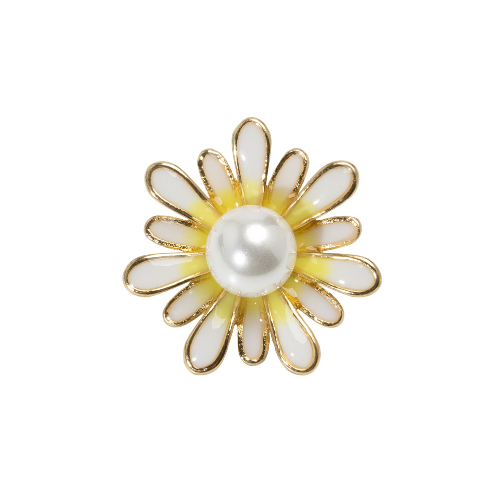 Enameled Metal and Pearl Shank Back Button – 36L/23mm – Yellow, Pearl White, and Gold Flower Enameled Metal and Pearl Shank Back Button – 36L/23mm – Yellow, Pearl White, and Gold Flower