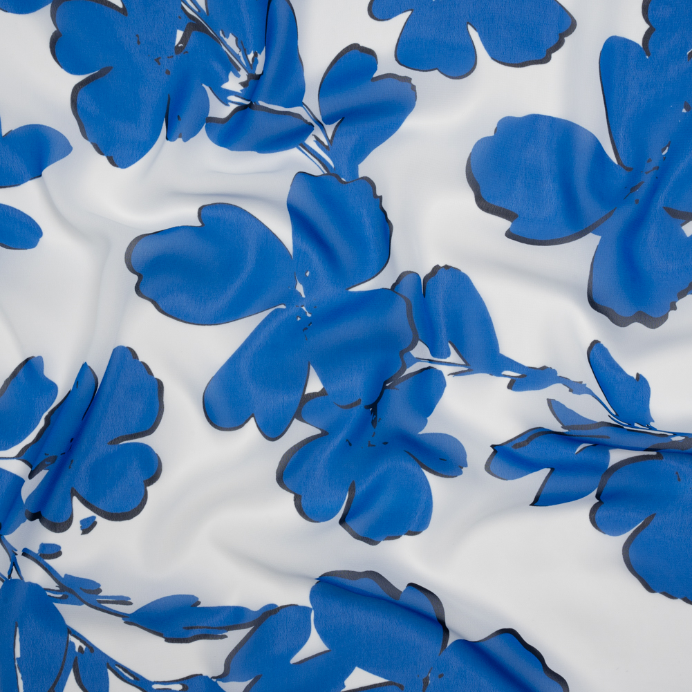 Polyester Chiffon – Bright Blue and Ivory Flowers and Leaves – Designer Deadstock Polyester Chiffon – Bright Blue and Ivory Flowers and Leaves – Designer Deadstock