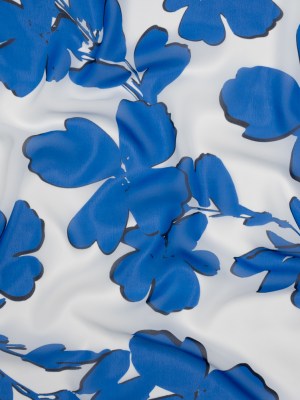 Polyester Chiffon – Bright Blue and Ivory Flowers and Leaves – Designer Deadstock Polyester Chiffon – Bright Blue and Ivory Flowers and Leaves – Designer Deadstock