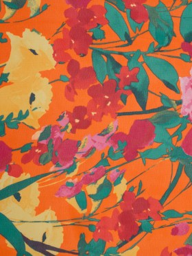 Polyester Chiffon Print – Orange, Pink and Green Watercolor Flowers – Designer Deadstock Polyester Chiffon Print – Orange, Pink and Green Watercolor Flowers – Designer Deadstock