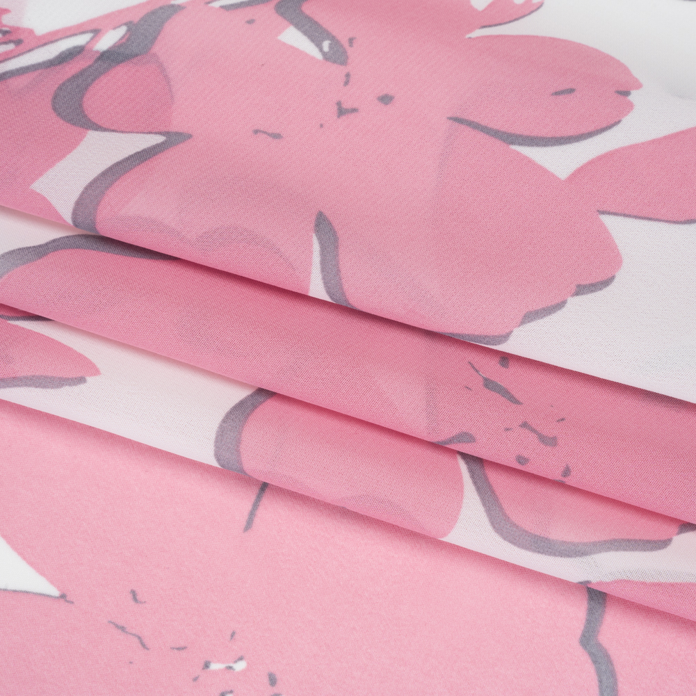 Polyester Chiffon – Blush Pink and White Flowers and Leaves – Designer Deadstock Polyester Chiffon – Blush Pink and White Flowers and Leaves – Designer Deadstock