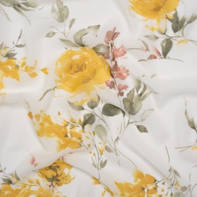 Polyester Chiffon – White, Yellow and Dark Pink Roses – Designer Deadstock Polyester Chiffon – White, Yellow and Dark Pink Roses – Designer Deadstock