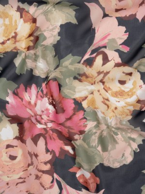 Polyester Chiffon – Midnight Navy, Sage Green and Blush Pink Roses – Designer Deadstock Polyester Chiffon – Midnight Navy, Sage Green and Blush Pink Roses – Designer Deadstock