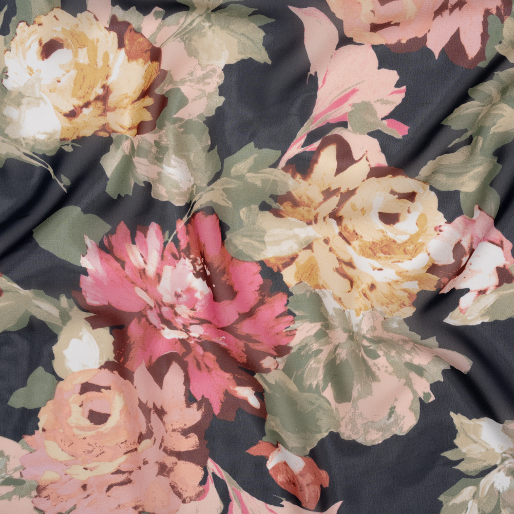 Polyester Chiffon – Midnight Navy, Sage Green and Blush Pink Roses – Designer Deadstock Polyester Chiffon – Midnight Navy, Sage Green and Blush Pink Roses – Designer Deadstock