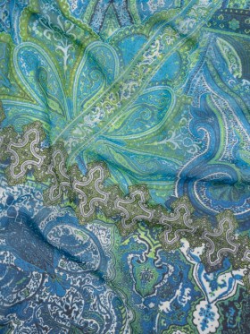 Polyester Chiffon – Blue and Green Ornate Paisley Patchwork – Designer Deadstock Polyester Chiffon – Blue and Green Ornate Paisley Patchwork – Designer Deadstock