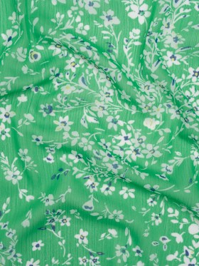 Crinkled Polyester Chiffon – Kelly Green, White and Blue Floral – Designer Deadstock Crinkled Polyester Chiffon – Kelly Green, White and Blue Floral – Designer Deadstock