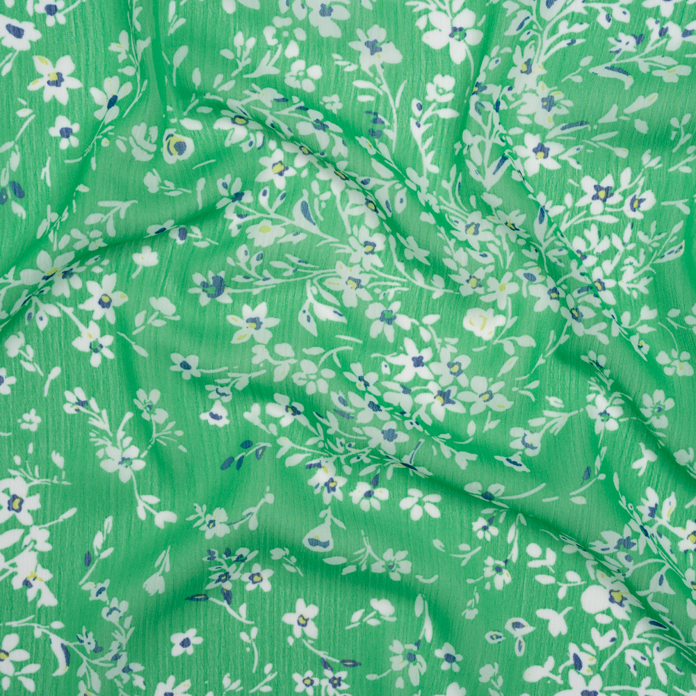 Crinkled Polyester Chiffon – Kelly Green, White and Blue Floral – Designer Deadstock Crinkled Polyester Chiffon – Kelly Green, White and Blue Floral – Designer Deadstock
