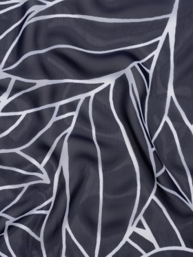 Polyester Chiffon – Navy Blue and White Overlapping Leaves – Designer Deadstock Polyester Chiffon – Navy Blue and White Overlapping Leaves – Designer Deadstock