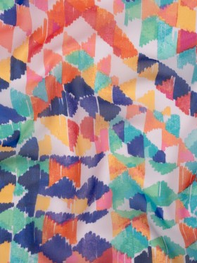 Polyester Chiffon – Orange, Pink and Blue Painted Triangles and Diamonds – Designer Deadstock Polyester Chiffon – Orange, Pink and Blue Painted Triangles and Diamonds – Designer Deadstock