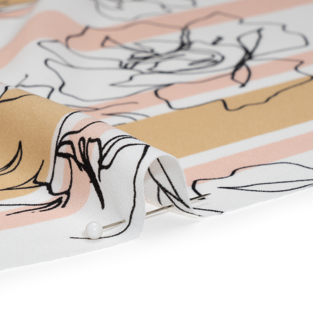 Polyester Georgette – White, Pale Pink and Beige Stripes and Floral Outlines – Designer Deadstock Polyester Georgette – White, Pale Pink and Beige Stripes and Floral Outlines – Designer Deadstock