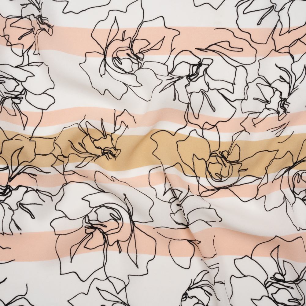 Polyester Georgette – White, Pale Pink and Beige Stripes and Floral Outlines – Designer Deadstock Polyester Georgette – White, Pale Pink and Beige Stripes and Floral Outlines – Designer Deadstock