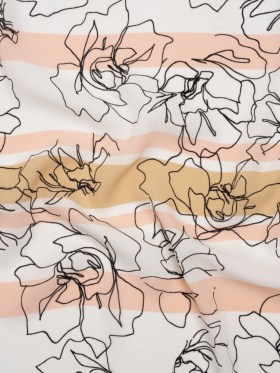 Polyester Georgette – White, Pale Pink and Beige Stripes and Floral Outlines – Designer Deadstock Polyester Georgette – White, Pale Pink and Beige Stripes and Floral Outlines – Designer Deadstock