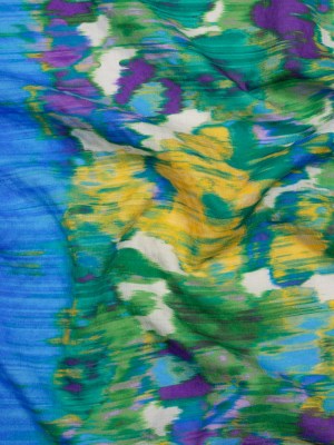 Stretch Polyester Seersucker – Bright Blue, Lime Green and Yellow Ikat Floral – Designer Deadstock Stretch Polyester Seersucker – Bright Blue, Lime Green and Yellow Ikat Floral – Designer Deadstock